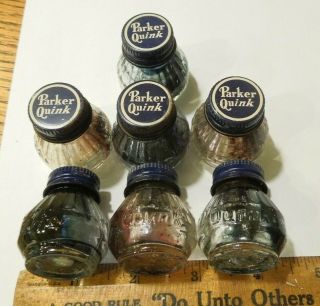 7 Vintage Small Parker Quink Fountain Pen Ink Advertising Art Deco Old Bottles