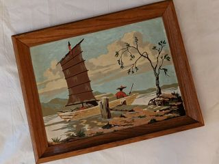 1954 Vintage Paint By Number Chinese Junk Boat Ship Water Dock Mcm Wood Frame