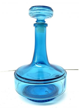 Vintage Mid Century Genie Bottle Decanter Blue With Stopper 8” Belgium Mcm 0.  5l