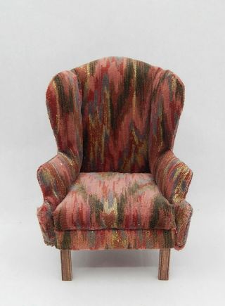 Vintage Red Velvet Ikat Wingback Chair Artisan Dollhouse Miniature 1:12
