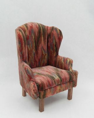 Vintage Red Velvet Ikat Wingback Chair Artisan Dollhouse Miniature 1:12 2
