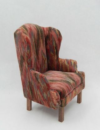 Vintage Red Velvet Ikat Wingback Chair Artisan Dollhouse Miniature 1:12 3