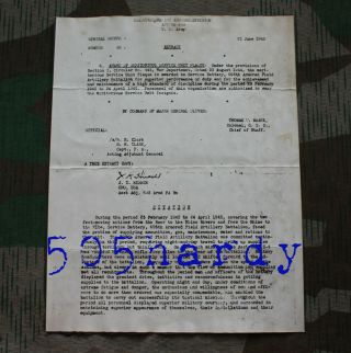 Wwii Us 5th Armored Division 695th Armored Field Artillery Unit Citation Paper