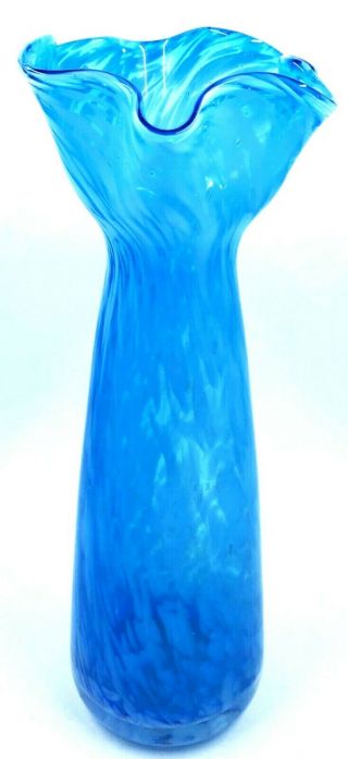 Vintage Hand Blown Vase Art Glass Blue & White Swirl Worn Foil Label Murano? 8 "