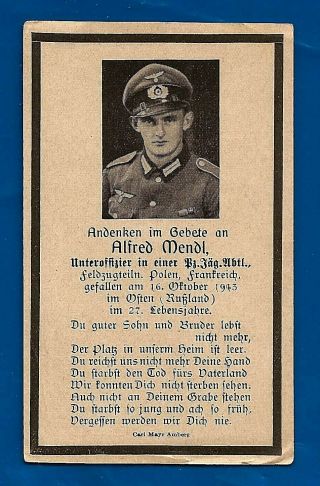 Germany Ww2 German Wehrmacht Soldier Death Card Alfred Mendl Killed In 1943