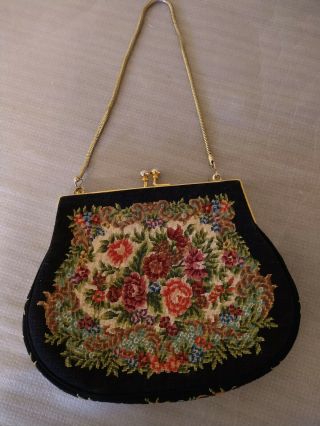 Vintage 1930s Petit Point Tapestry Handbag Purse Floral Needlepoint