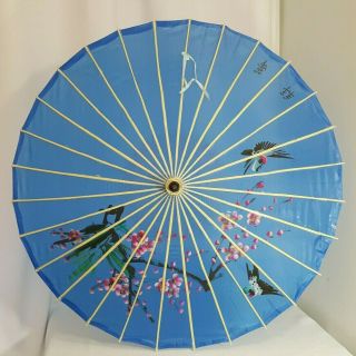 Vintage Oriental Asian Parasol Umbrella Wood Fabric Blue Pink Flowers