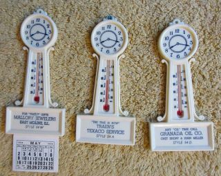3 Vintage 1954 Salesman Sample Advertising Thermometers " Banjo Clock " Plastic