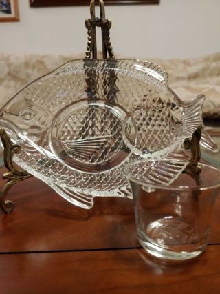 Vintage Clear Glass Fish Embossed Snack Plates Set/6 Shrimp Cocktail W/sauce Cup