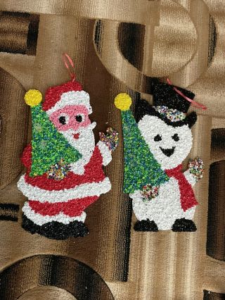 2 Vintage Christmas Melted Plastic Popcorn Decoration Santa And Snowman