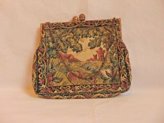 Vintage 1950s French Tapestry Evening Bag Purse Floral Castle Scene By Gorwood