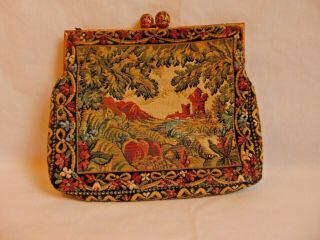 Vintage 1950s French Tapestry Evening Bag Purse Floral Castle Scene by Gorwood 2