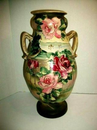 Antique Victorian Vase 16” Tall Hand Painted Urn Shaped W/ Handles Circa 1800s