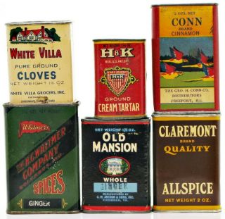 Six Vintage Spice Tins - Claremont,  White Villa,  H&k,  Whitmer,  Old Mansion,  Conn