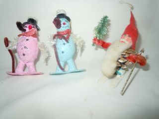 3 Vtg Paper Mache/spun Cotton Snowman Pink/blue,  Pinecone Santa Ornament Japan