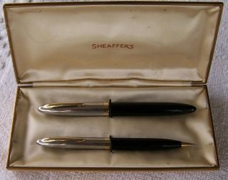 Vintage Sheaffers White Dot Fountain Pen & Pencil Set In Case 14k Nib