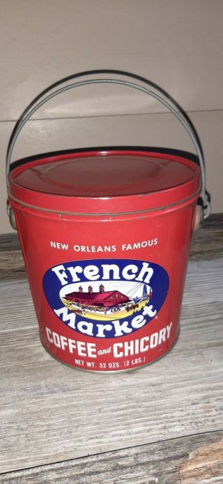 Vintage French Market Tin Bucket Coffee & Chicory 2 Lbs Empty