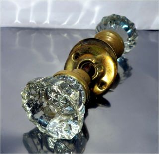 Antique / Vintage Brass & 12 Point Glass Door Knob W/ Spindle