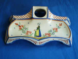 Antique French Faience Hand Painted Signed Henriot Quimper Ink Well Pen Holder