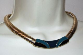 Vintage Signed Trifari Enamel Flex Collar Choker Necklace Costume Jewelry Blue