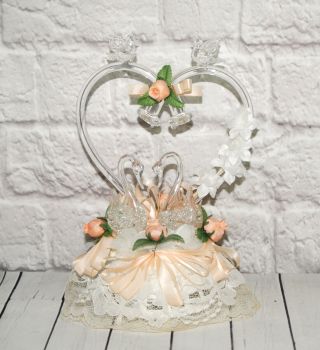 Vintage Wedding Cake Topper Blown Glass Swans In Heart Bells Love Birds Lace