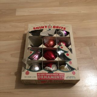 9 Vintage Shiny Brite Glass Mini Christmas Tree Ornaments - Orig Box