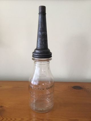 Vintage Gargoyle Mobil Oil Af Spout With Cap On Amco Glass Oil Bottle 1 Qt.