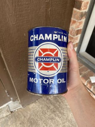 Full Champlin Motor Oil Metal Quart Can,  Ok,  Gas And Oil,  Sign,  Vintage