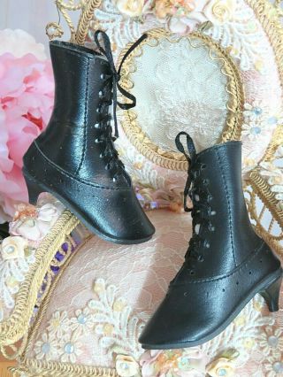 Vintage Antique French Fashion Doll Boots High Top Shoes Black Lace Up 3 X 1 1/8