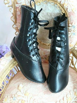 VINTAGE antique FRENCH Fashion DOLL BOOTS high top SHOES Black LACE UP 3 x 1 1/8 2