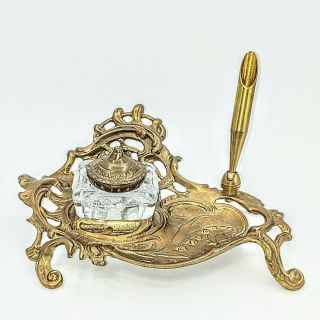 Art Nouveau Ornate Brass Inkwell Glass Bottle With Brass Lid & Pen Holder