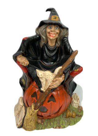 Vintage Hand Painted Ceramic Witch Pumpkin Cat Halloween Light