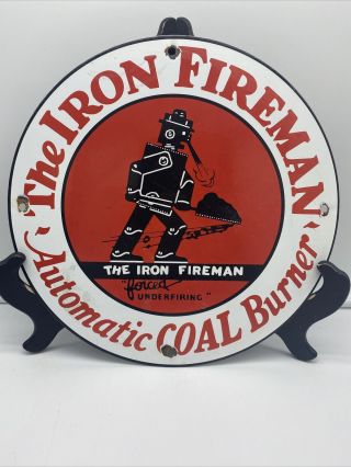 Vintage  The Iron Fireman  Gasoline & Oil Soda Pump Plate 12 Inch Porcelain