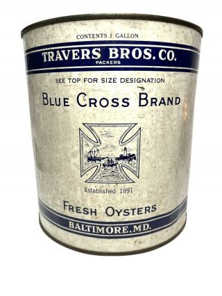 Vintage Blue Cross Brand Fresh Oysters Tin One Gallon 7.  25”
