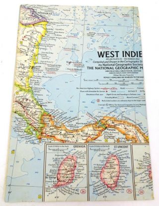 Vintage National Geographic Map - West Indies - December 1962 - 19 " X 25 "