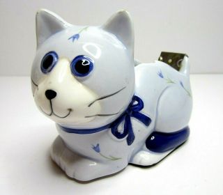 Vintage Blue White Ceramic Cat Tape Dispenser Desk Top Collectible