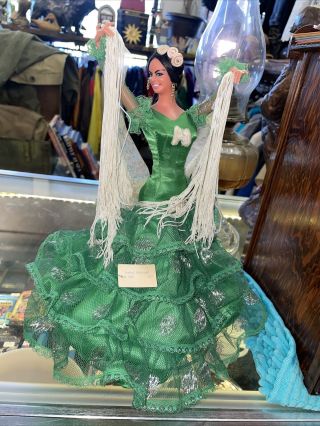Vintage Marin Chiclana Spanish Doll Flamenco Dancer Green Gown Single 12”