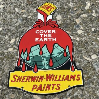 VINTAGE SHERWIN WILLIAMS PAINTS COVER THE EARTH PORCELAIN GAS OIL STATION SIGN 3