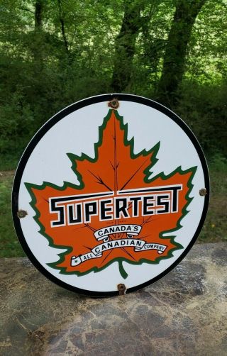 Supertest Gasoline Porcelain Metal Sign Canadian Maple Leaf Gas Pump Plate