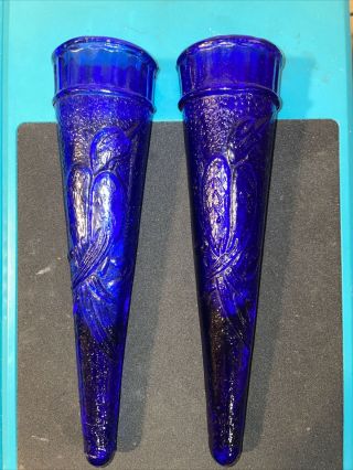 Vintage Cobalt Blue Glass Wall Pocket Vase With Bird Pattern Set