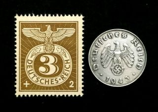 Old Wwii German War Ten Rp Coin & Rarest 3pf Brown Stamp World War 2 Artifacts