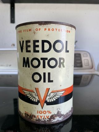 Vintage 1qt Full Veedol Flying V Motor Oil Can 100 Pennsylvania Motor Oil
