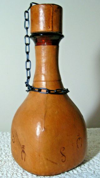Vintage Leather Cover Brown Glass Decanter Bottle Made In Spain Chain Attach Cap
