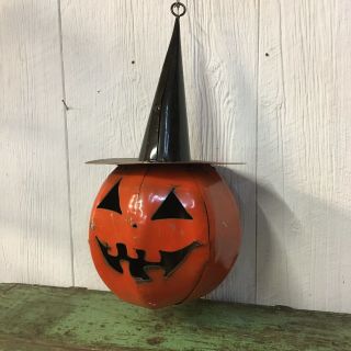 Large Hanging Metal Jack O Lantern Pumpkin Witch’s Hat Spooky Halloween