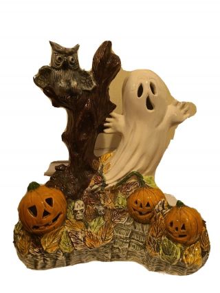 Vintage 1978 Ky Molds Ghost Tree Owl Pumpkin Halloween Ceramic Light