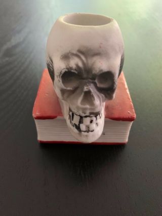 Skull Candleholder Vintage Japan Rare Bisque Ceramic Halloween Skeleton 1930s