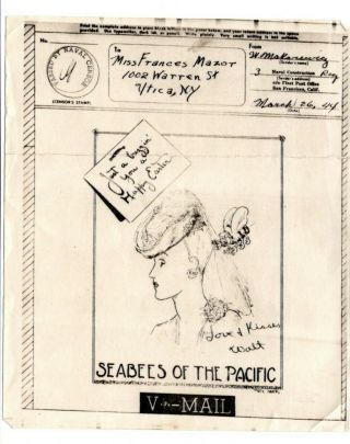 Wwii Illustrated V - Mail Portrait Girl In Hat 3rd Seabee Bn 1944 Censored