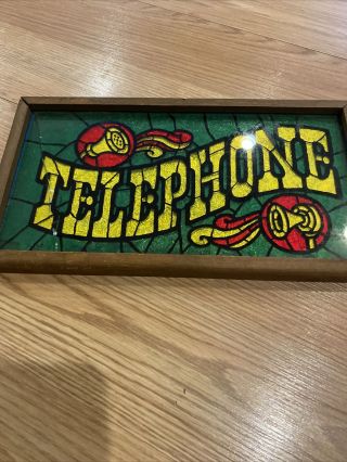Vintage Telephone Stained Glass Foil Sign Candlestick 1900 Booth Bar Pub Saloon