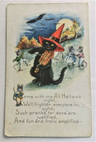 1920 Whitney Halloween Black Cat Wearing Witches Hat Fiddle Mice Bats Postcard
