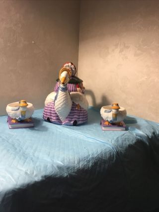 Dept 56 Storybook Mother Goose Figural Tea Set Teapot And 2 Cups Retired See Pic